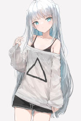 Rule 34 | 1girl, bare shoulders, black shorts, blue eyes, blush, breasts, closed mouth, commentary request, cowboy shot, grey background, grey hair, hand up, head tilt, highres, ichika (ichika87), long hair, long sleeves, looking at viewer, off-shoulder shirt, off shoulder, original, shirt, short shorts, shorts, simple background, sleeves past wrists, small breasts, solo, two side up, very long hair, white shirt