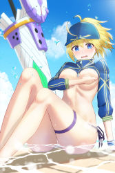 Rule 34 | 1girl, ahoge, artoria pendragon (fate), baseball cap, beach, bikini, blonde hair, blue eyes, blue hat, blue jacket, blue sky, blush, breasts, breasts out, covering breasts, covering privates, cropped jacket, day, fate/grand order, fate (series), hair between eyes, hair through headwear, hat, highres, inari (ambercrown), jacket, knees up, lance, large breasts, legs, long hair, looking at viewer, mysterious heroine x (fate), mysterious heroine xx (fate), open mouth, polearm, ponytail, shore, shrug (clothing), side-tie bikini bottom, sidelocks, sitting, sky, solo, swimsuit, thigh strap, twinmyniad (fate), water, weapon, white bikini, wristband