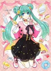 Rule 34 | 1girl, absurdres, blue eyes, blue hair, blush, bottle, bow, choker, collared shirt, comb, double bun, earrings, flower, flower earrings, food-themed hair ornament, hair brush, hair bun, hair flower, hair ornament, hair tie, hairclip, hairpin, hand mirror, hatsune miku, highres, holding, holding comb, jacket, jewelry, layered skirt, long hair, mirror, moroboshi haru, nail polish, neck ribbon, off shoulder, perfume bottle, ribbon, scissors, scrunchie, shirt, shirt tucked in, shoes, skirt, smile, sneakers, socks, solo, strawberry hair ornament, twintails, underbust, very long hair, vocaloid, wrist cuffs, wrist scrunchie