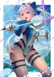 Rule 34 | 1girl, blue bow, blue one-piece swimsuit, blue sky, bow, breasts, competition swimsuit, dual wielding, energy sword, fate/grand order, fate (series), hair between eyes, hair bow, highleg, highleg swimsuit, highres, holding, holding sword, holding weapon, large breasts, long hair, looking to the side, ocean, one-piece swimsuit, open mouth, ponytail, red eyes, sakumichi, silver hair, sky, smile, swimsuit, sword, thighs, tomoe gozen (fate), tomoe gozen (swimsuit saber) (fate), tomoe gozen (swimsuit saber) (first ascension) (fate), two-tone swimsuit, wading, water, weapon, white one-piece swimsuit