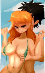 Rule 34 | grabbing another&#039;s breast, breasts, grabbing, highres, looking down, monkey d. luffy, nami (one piece), one piece, revov drawings, smile, swimsuit, tagme