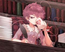 Rule 34 | 1girl, arm up, bags under eyes, bookshelf, chair, character name, coffee mug, collarbone, commentary request, constricted pupils, cup, desk, drinking, hair ornament, hairband, heart, heart hair ornament, heart of string, holding, holding cup, holding quill, indoors, komeiji satori, long sleeves, looking down, messy hair, mug, nameplate, office chair, paper stack, pink hair, purple shirt, quill, shirt, short hair, sitting, solo, sunnysideup, swivel chair, third eye, touhou, upper body, wide sleeves