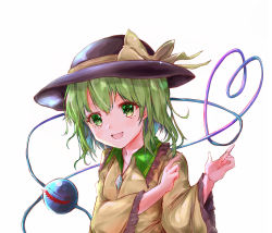 Rule 34 | 1girl, :d, absurdres, arm across chest, arms up, black hat, blush, collar, commentary, frilled shirt collar, frilled sleeves, frills, green collar, green eyes, green hair, hat, hat ribbon, head tilt, heart, heart of string, highres, ikazuchi akira, komeiji koishi, light blush, long sleeves, looking at viewer, open mouth, ribbon, shirt, short hair, simple background, smile, solo, standing, third eye, touhou, upper body, white background, wide sleeves, yellow shirt