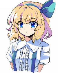 Rule 34 | 1girl, :&lt;, alice margatroid, alice margatroid (pc-98), arms behind back, blonde hair, blue ribbon, blush, center frills, closed mouth, e.o., expressionless, frilled skirt, frills, hair ribbon, hairband, highres, looking at viewer, puffy short sleeves, puffy sleeves, ribbon, shirt, short hair, short sleeves, simple background, skirt, solo, suspenders, touhou, touhou (pc-98), white background, white shirt