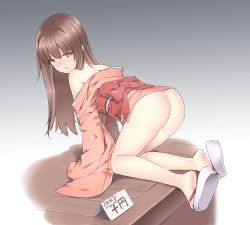 Rule 34 | 1girl, all fours, ass, bad id, bad pixiv id, blush, bottomless, brown eyes, brown hair, clog sandals, feet, full body, gradient background, grey background, japanese clothes, kimono, long hair, looking back, no panties, no socks, obi, off shoulder, okobo, original, parted lips, price, sandals, sash, simple background, sleeves past wrists, solo, tama (tamatamo), translated, wide sleeves, wooden floor, yukata