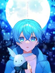 Rule 34 | 1boy, blue eyes, blue hair, blue hoodie, blue theme, colon (stpri), crying, crying with eyes open, facing viewer, full moon, highres, hodaka sio, holding, holding stuffed toy, hood, hood down, hoodie, long sleeves, looking up, male focus, moon, open mouth, short hair, solo, strawberry prince, stuffed animal, stuffed rabbit, stuffed toy, tearing up, tears, translation request