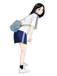 Rule 34 | 1girl, :o, absurdres, ankle socks, bag, black hair, black socks, blue shirt, blush, green eyes, gym uniform, handbag, highres, long hair, looking at viewer, original, sakamoto giulietta, shirt, shoes, simple background, sneakers, socks, white background, white footwear, white shirt