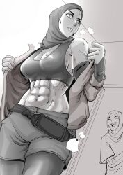 Rule 34 | 2girls, abs, breasts, cleavage, female focus, highres, hijab, huge breasts, jacket, looking back, multiple girls, muscular, muscular female, open clothes, open jacket, sports bra, sportswear, sweat