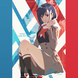 Rule 34 | 10s, 1girl, artist name, black legwear, blue hair, brown footwear, buttons, character name, darling in the franxx, double-breasted, green eyes, hair ornament, hairband, hairclip, hand up, ichigo (darling in the franxx), lucidsky, military, military uniform, short hair, sitting, solo, uniform, white hairband