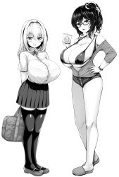 Rule 34 | 2girls, bag, bare shoulders, bikini, blush, breasts, buttons, cleavage, collarbone, collared shirt, full body, greyscale, hair intakes, halterneck, halterneck, hand on own hip, highres, huge breasts, long hair, looking at viewer, micro bikini, micro shorts, miniskirt, mole, mole on breast, mole under eye, monochrome, multiple girls, open mouth, original, pleated skirt, school bag, school uniform, semi-rimless eyewear, shirt, shirt tucked in, shoes, short sleeves, shorts, simple background, skirt, slippers, smile, standing, swimsuit, thighhighs, under-rim eyewear, uni8, white background, wing collar, zettai ryouiki