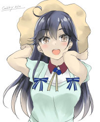 Rule 34 | 1girl, ahoge, black hair, brown eyes, dress, gakky, hat, kantai collection, long hair, official alternate costume, one-hour drawing challenge, open mouth, round teeth, simple background, smile, solo, teeth, upper body, upper teeth only, ushio (kancolle), white background, white dress