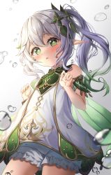 Rule 34 | 1girl, absurdres, bloomers, blush, cape, colored tips, cross-shaped pupils, detached sleeves, dress, genshin impact, gradient hair, green cape, green eyes, green hair, green sleeves, hair between eyes, hair ornament, hands up, highres, leaf hair ornament, long hair, looking at viewer, monmo mu, multicolored hair, nahida (genshin impact), open mouth, pointy ears, side ponytail, sidelocks, sleeveless, sleeveless dress, solo, standing, symbol-shaped pupils, underwear, white bloomers, white dress, white hair
