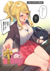 Rule 34 | 1girl, bag, bench, blazer, blonde hair, blush, box, box of chocolates, bracelet, breasts, brown jacket, cellphone, checkered clothes, checkered skirt, cleavage, collared shirt, commentary request, dress shirt, embarrassed, gift, gyaru, high ponytail, highres, holding, holding phone, itohana, jacket, jewelry, kogal, large breasts, miniskirt, necklace, open clothes, open jacket, open mouth, original, outstretched hand, phone, pink eyes, pleated skirt, ponytail, red skirt, school bag, school uniform, shirt, sidelocks, sitting, skirt, smartphone, swept bangs, thighs, translation request, valentine, white shirt