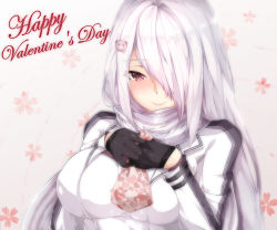 Rule 34 | 1girl, bear hair ornament, black gloves, blush, breast press, breasts, closed mouth, eyes visible through hair, gift, girls&#039; frontline, gloves, hair between eyes, hair ornament, hair over one eye, hairclip, happy valentine, heart, heart print, holding, holding gift, jacket, large breasts, long hair, looking at viewer, pk (girls&#039; frontline), red eyes, scarf, sidelocks, silver hair, smile, solo, valentine, very long hair, white scarf, zuo wei er
