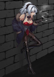 Rule 34 | 1girl, absurdres, against wall, belt boots, black bow, black bowtie, black footwear, black gloves, blue coat, boots, bow, bowtie, breasts, brick wall, cigarette, cleavage, cleavage cutout, clothing cutout, coat, detached collar, fur coat, gloves, grey hair, high heel boots, high heels, highleg, highleg leotard, highres, holding, holding cigarette, jacket, large breasts, leotard, long hair, long sleeves, looking back, momihige, multicolored hair, open clothes, open coat, original, pantyhose, playboy bunny, ponytail, red eyes, red leotard, smoke, smoking, solo, thigh boots