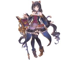 Rule 34 | 1girl, animal ear fluff, animal ears, bare shoulders, black hair, black thighhighs, cat ears, cat tail, collared shirt, cross tie, detached sleeves, frilled skirt, frilled sleeves, frills, granblue fantasy, karyl (princess connect!), long hair, princess connect!, shirt, simple background, skirt, solo, split mouth, staff, tail, thighhighs, transparent background, very long hair, yellow eyes