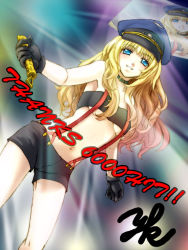 Rule 34 | 00s, 1girl, blonde hair, blue eyes, breasts, contrapposto, hat, long hair, looking at viewer, macross, macross frontier, midriff, navel, peaked cap, sheryl nome, short shorts, shorts, solo, standing, stomach, strapless, suspenders, tube top, underboob, very long hair, wavy hair, yamakou, yamakou (pixiv16324)