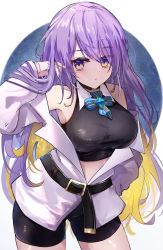 Rule 34 | 1girl, arm up, bare shoulders, belt, black belt, black shirt, black shorts, blonde hair, breasts, closed mouth, colored inner hair, crop top, highres, hololive, hololive indonesia, jacket, large breasts, long hair, long sleeves, looking at viewer, moona hoshinova, multicolored hair, off shoulder, open clothes, open jacket, purple eyes, purple hair, shirt, short shorts, shorts, shuuzo3, sleeveless, sleeveless shirt, solo, star (sky), very long hair, virtual youtuber, white jacket, yellow eyes