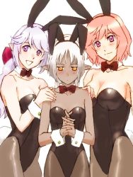 Rule 34 | 3girls, animal ears, bare shoulders, blush, bow, bowtie, breasts, cleavage, dark-skinned female, dark skin, fake animal ears, female focus, hair ribbon, hand on another&#039;s shoulder, hands on another&#039;s shoulders, hands on shoulders, happy, interlocked fingers, leotard, looking at viewer, multiple girls, orange eyes, own hands together, pantyhose, pink eyes, playboy bunny, pointy ears, ponytail, purple eyes, purple hair, rabbit ears, rabbit tail, red hair, ribbon, sankyou, shy, small breasts, smile, tail, white hair, wrist cuffs