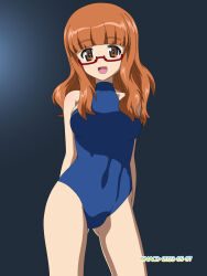 Rule 34 | 1girl, blue one-piece swimsuit, blush, breasts, brown eyes, girls und panzer, glasses, highres, large breasts, long hair, looking at viewer, naotosi, one-piece swimsuit, open mouth, orange hair, simple background, smile, solo, swimsuit, takebe saori