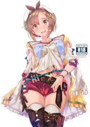 Rule 34 | 1girl, asymmetrical gloves, atelier (series), atelier ryza, atelier ryza 1, black bow, black hairband, blush, boots, bow, bow hairband, breasts, brown footwear, brown gloves, brown hair, cleavage, collarbone, gloves, hair between eyes, hair bow, hair ornament, hairband, hairclip, hat, highres, jacket, looking at viewer, medium breasts, midriff, navel, open clothes, open jacket, open mouth, red shorts, reisalin stout, shiny clothes, shiny legwear, shiny skin, shirt, short hair, short shorts, shorts, simple background, single glove, solo, standing, stomach, sydus, thigh boots, thigh gap, thighhighs, uneven gloves, watermark, wavy mouth, web address, white background, white headwear, white shirt, white thighhighs, yellow eyes