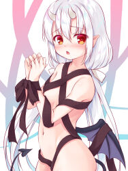 Rule 34 | 1girl, black ribbon, blush, bound, bound wrists, bow, breasts, collarbone, commentary request, demon girl, demon horns, demon tail, demon wings, fang, groin, hair between eyes, hair bow, hands up, highres, horns, long hair, looking at viewer, low twintails, low wings, naked ribbon, navel, nose blush, open mouth, original, pointy ears, purple wings, red eyes, ribbon, small breasts, solo, tail, twintails, very long hair, white bow, white hair, wings, yuku (kiollion)