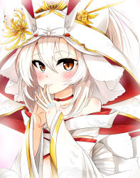 Rule 34 | 1girl, ayanami (azur lane), ayanami (demon&#039;s finest dress) (azur lane), ayanami (demon&#039;s finest dress) (azur lane), azur lane, blurry, blush, bridal veil, choker, commentary request, depth of field, dress, finger to mouth, fingers together, highres, houshi, japanese clothes, jewelry, kimono, long hair, looking at viewer, midriff, off-shoulder dress, off shoulder, orange eyes, ornate ring, petals, ponytail, retrofit (azur lane), ring, silver hair, smile, solo, sparkle, uchikake, veil, wedding dress, wedding ring