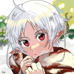 Rule 34 | 1girl, ahoge, blurry, blurry background, blush, cold, elf, finger to mouth, light blush, looking at viewer, mushoku tensei, open mouth, pointy ears, praaveeshraaj21, red eyes, scarf, short hair with long locks, snow, sunlight, sylphiette (mushoku tensei), white hair