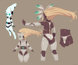 Rule 34 | 1girl, aqua eyes, aqua outline, arm at side, armor, ass, back, bare back, bare shoulders, blonde hair, breastplate, brown background, cameltoe, character sheet, commentary, dark skin, drossel von flugel, faceplate, facing away, feathers, fireball (series), from behind, full body, gorget, greaves, groin, groin tendon, highleg, highleg panties, humanoid robot, impossible hair, kneepits, legs apart, legs together, long hair, mask, multiple views, om (nk2007), outline, outstretched arm, panties, profile, robot, shiny skin, simple background, thighs, underwear, vambraces, wedgie
