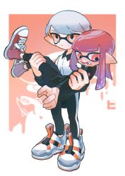 Rule 34 | 1boy, 1girl, black leggings, blush, border, carrying, carrying person, closed mouth, commentary request, full body, highres, hiko0v0, inkling, inkling boy, inkling girl, inkling player character, leggings, long hair, nintendo, pointy ears, red background, red eyes, red hair, shoes, short hair, sneakers, splatoon (series), standing, two-tone background, white background, white border, white footwear, white hair, yellow eyes