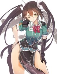 Rule 34 | 10s, 1girl, black gloves, bow, bowtie, breasts, brown hair, contrapposto, elbow gloves, gloves, green eyes, hair between eyes, hair bow, hand on own hip, highres, kantai collection, leaning forward, loincloth, long hair, mecha musume, medium breasts, no panties, one-hour drawing challenge, one eye closed, pelvic curtain, personification, simple background, single elbow glove, smile, solo, standing, sumisu (mondo), tone (kancolle), tone kai ni (kancolle), twintails, very long hair, white background