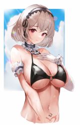 Rule 34 | 1girl, absurdres, azur lane, bikini, bikini top only, black bikini, black hairband, blue sky, breasts, closed mouth, cloud, cropped torso, day, gloves, hairband, hand on own chest, highres, looking at viewer, navel piercing, nevin (flyskying), o-ring, o-ring bikini, o-ring top, piercing, pubic tattoo, red eyes, short hair, sirius (azur lane), sky, solo, swimsuit, tattoo, upper body, wet, white gloves, white hair