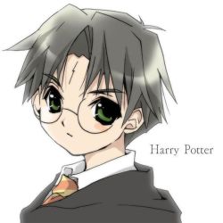 Rule 34 | 1boy, animification, black hair, character name, glasses, green eyes, harry potter, harry potter (series), koge donbo, male focus, scar, scar on face, scar on forehead, solo, wizarding world