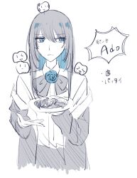 Rule 34 | 1girl, ado (utaite), black bow, black bowtie, black coat, black hair, blue eyes, blue flower, blue hair, blue rose, bow, bowtie, chando (ado), character name, closed mouth, cloud nine inc, coat, collared shirt, colored inner hair, commentary, cowboy shot, cropped legs, dress shirt, flower, flower brooch, food, gloves, hair between eyes, highres, holding, holding plate, long hair, long sleeves, mole, mole under eye, multicolored hair, off shoulder, open clothes, open coat, plate, rose, shirt, simple background, solo, spica (spica5f9ea0), tooth, translated, two-tone hair, utaite, white background, white gloves, white shirt