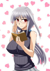 Rule 34 | 1girl, alternate hairstyle, bare shoulders, book, breasts, glasses, heart, large breasts, long hair, lyrical nanoha, mahou shoujo lyrical nanoha, mahou shoujo lyrical nanoha a&#039;s, ponytail, red eyes, reinforce, silver hair, single hair intake, sleeveless, smile, solo, zerosu (take out)