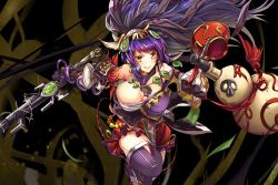 Rule 34 | 1girl, bare shoulders, cleavage, gourd, kamihime project r, purple hair, sarashi, smile, susanoo (kamihime), sword, thighs, weapon, yellow eyes