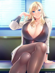 Rule 34 | 1girl, areola slip, arm up, blonde hair, blue eyes, blush, breasts, bursting breasts, business suit, buttons, cleavage, covered erect nipples, crossed legs, feet out of frame, female focus, formal, fujishima risa, game cg, hand in own hair, highres, huge breasts, long hair, looking at viewer, miel (company), office lady, ojou-sama de elite na toshishita joushi o harami ana atm ni shite jinsei koki tsubusu anraku life, pantyhose, parted lips, sitting, smile, solo, suit, t-28 (artist), tagme, unbutton