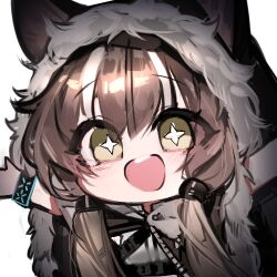 Rule 34 | + +, 1girl, :d, arknights, black cloak, blush, brown eyes, brown hair, chibi, cloak, commentary request, ears through headwear, fur-trimmed cloak, fur-trimmed hood, fur trim, hair over shoulder, honeyberry (arknights), hood, hood up, hooded cloak, long hair, looking at viewer, low twintails, lowres, open mouth, outstretched arms, ribiadan, shirt, smile, solo, teeth, twintails, upper body, upper teeth only, white shirt