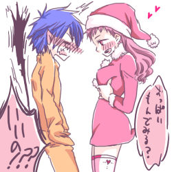 Rule 34 | ao no exorcist, blue hair, breasts, christmas, gender request, genderswap, hat, lowres, okumura rin, pink hair, santa hat, shima renzou, tail, thighhighs, translation request