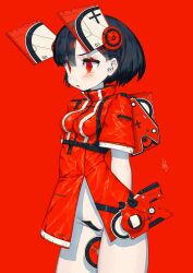 Rule 34 | 1girl, absurdres, arms behind back, backpack, bag, black hair, blush, breasts, cd, cd case, commentary request, hair ornament, highres, jacket, looking to the side, muzinneki, original, parted lips, red background, red eyes, red jacket, red theme, short hair, simple background, small breasts, solo, tape, tape on pussy