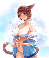 Rule 34 | 10s, 1girl, :o, animal ears, artist name, warrior of light (ff14), bikini, blue eyes, breasts, brown hair, cat ears, cat tail, final fantasy, final fantasy xiv, fingers together, front-tie top, highres, large breasts, looking at viewer, miqo&#039;te, off shoulder, potion lilac, short hair, solo, strapless, strapless bikini, swimsuit, tail, white bikini