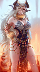 Rule 34 | 1girl, armlet, armor, armored dress, bare legs, breasts, chain, cleavage, dragon horns, dress, feet out of frame, fur collar, fur trim, gloves, gold chain, hand on own hip, hands on own hips, headgear, highres, horns, kulve taroth (master rank armor), large breasts, lips, long dress, long hair, looking at viewer, mcdobo, monster hunter, monster hunter: world, monster hunter (series), nose, pelvic curtain, platinum blonde hair, side slit, solo, standing, very long hair, yellow eyes