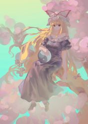 Rule 34 | 1girl, absurdres, aqua background, ball, blonde hair, bow, breasts, cherry blossoms, dress, full body, gradient background, hair bow, hat, highres, holding, holding ball, in tree, long hair, mary janes, medium breasts, mob cap, off-shoulder dress, off shoulder, orb, purple dress, shoes, short sleeves, sidelighting, sidelocks, sitting, sitting in tree, smile, solo, sunlight, touhou, tree, very long hair, white hat, wind, yakumo yukari, yin yang, yin yang orb, ys chana