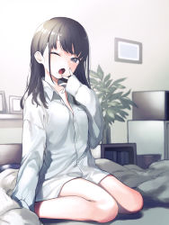 Rule 34 | 1girl, :o, bed, black hair, blanket, blurry, blurry background, book, buttons, collarbone, collared shirt, commentary request, dress shirt, fingernails, grey eyes, grey shirt, hair down, hand to own mouth, hand up, highres, idolmaster, idolmaster shiny colors, indoors, kazano hiori, light particles, long hair, long sleeves, looking at viewer, mole, mole under mouth, on bed, one eye closed, open mouth, picture frame, plant, potted plant, shelf, shirt, signalviolet, sitting, sleeves past wrists, solo, waking up, wariza, yawning
