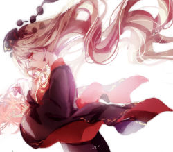 Rule 34 | black dress, blonde hair, breasts, chinese clothes, dress, earrings, floating hair, from side, hat, highres, jewelry, junko (touhou), long hair, long sleeves, looking to the side, medium breasts, nail polish, profile, red eyes, red nails, solo, tabard, touhou, upper body, very long hair, wide sleeves, yasato