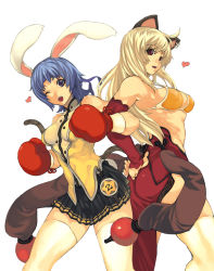 Rule 34 | 10s, 2girls, abs, animal ears, armpits, bikini, bikini top only, blonde hair, blue hair, boxing gloves, breasts, bunny (trickster), cat (trickster), cat ears, cat tail, detached sleeves, ear piercing, earrings, headband, heart, imigimuru, jewelry, large breasts, locked arms, long hair, looking back, midriff, multiple girls, muscular, one eye closed, open mouth, piercing, purple eyes, rabbit ears, rabbit tail, red eyes, short hair, sideboob, single earring, skirt, swimsuit, tail, thighhighs, trickster (ntreev soft), white thighhighs, wink, zettai ryouiki