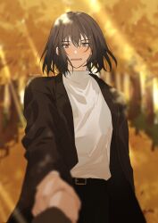Rule 34 | 1boy, 1girl, absurdres, belt buckle, black coat, black hair, blush, buckle, coat, fate/grand order, fate (series), female pov, fujimaru ritsuka (female), highres, holding hands, looking at viewer, male focus, oberon (fate), oberon (third ascension) (fate), outdoors, pov, pov hands, romo827, shirt, solo focus, twitter username, white shirt