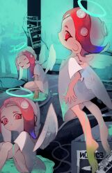 Rule 34 | 3girls, absurdres, angel wings, barefoot, blue hair, closed eyes, closed mouth, commentary, gradient hair, halo, highres, indoors, li04r, long hair, medium hair, multicolored hair, multiple girls, nintendo, octoling, octoling girl, octoling player character, red eyes, red hair, shirt, sitting, splatoon (series), squatting, tentacle hair, two-tone hair, white shirt, wings