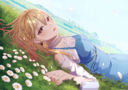 Rule 34 | 1girl, 778-go, bare shoulders, blonde hair, blue dress, blue sky, braid, buta no liver wa kanetsu shiro, dress, earrings, falling petals, flower, grass, hair between eyes, jess (buta no liver wa kanetsu shiro), jewelry, long sleeves, looking at viewer, lying, medium hair, official art, on back, orange eyes, outdoors, parted lips, petals, sky, smile, solo, white flower