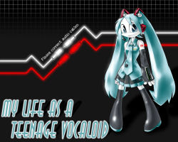 Rule 34 | 1girl, android, english text, fusion, hatsune miku, jenny wakeman, leex, my life as a teenage robot, nickelodeon, parody, robot, solo, thighhighs, vocaloid, wallpaper